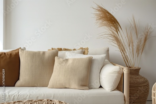 Close-up photo of a living room decorated in boho style  beige fabric sofa and terra cotta pots.