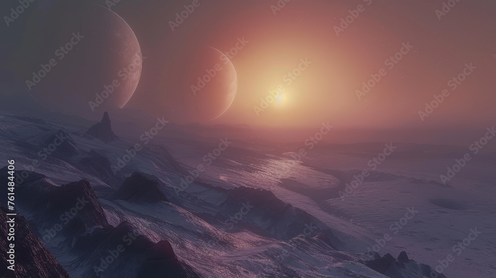 Fototapeta premium A surreal visual of a distant planetscape bathed in the light of two moons, offering a stunning depiction of a foreign world's horizon, filled with mystery and otherworldly beauty.