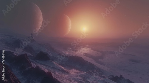 Wallpaper Mural A surreal visual of a distant planetscape bathed in the light of two moons, offering a stunning depiction of a foreign world's horizon, filled with mystery and otherworldly beauty. Torontodigital.ca