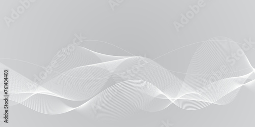 Gray and white abstract background with flowing particles. Digital future technology concept. Abstract white paper wave background and  abstract gradient and white wave curve lines.