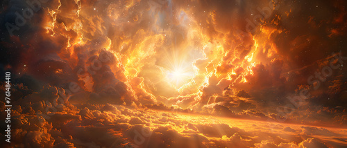 A majestic cloudscape bathed in an orange hue with a divine burst of light, embodying hope and the sublime