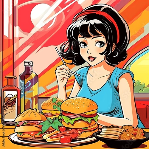 Retro Style Cartoon Woman Enjoying Fast Food