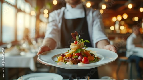 Culinary Creativity: A professional chef in his late 30s, presenting a beautifully plated gourmet dish in a fine dining restaurant, with artistic garnishes and sauces