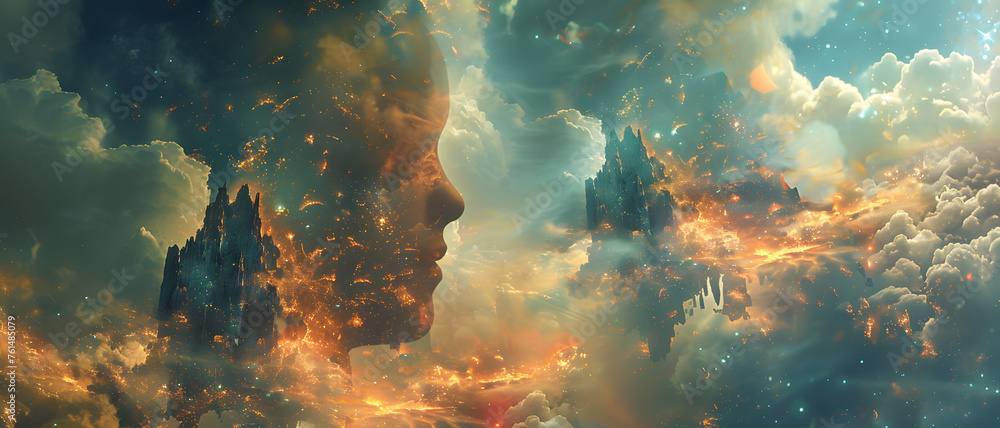 A breathtaking digital art piece showcasing ethereal cloud formations with illuminating castle structures ablaze in a fiery glow, conveying a sense of fantasy and dream - obrazy, fototapety, plakaty 
