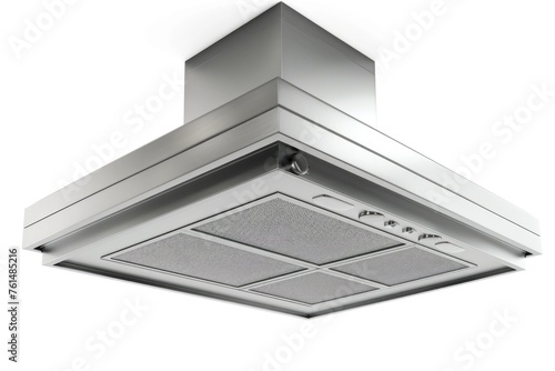 A sleek stainless steel range hood mounted on a wall. Perfect for kitchen design projects