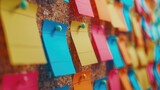 A cork board covered in colorful post it notes, great for organizing ideas and reminders