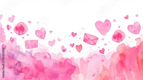Whimsical Watercolor Hearts and Envelopes in Shades of Pink photo