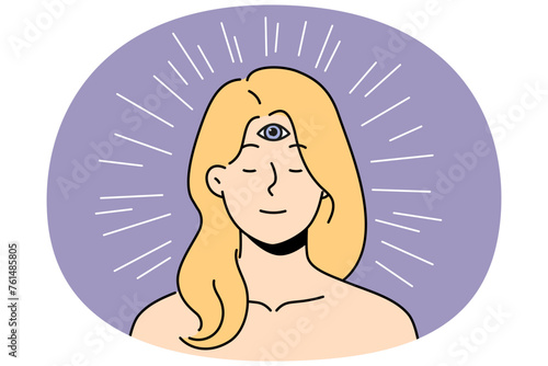Calm woman with third eye on forehead use intuition for decision making. Girl psychic think with mind and heart. Spirituality and esotericism. Vector illustration.