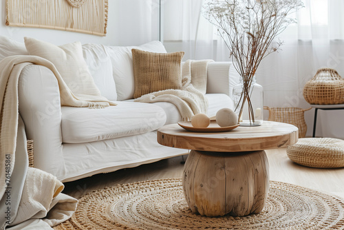 Round Wood Coffee Table with White Sofa in Scandinavian Home Decor