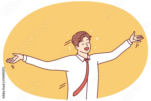 Delighted man in shirt and tie waving arms to sides and shouting with happiness rejoicing at success in work. Satisfied manager guy is excited to hear about career promotion. Flat vector design