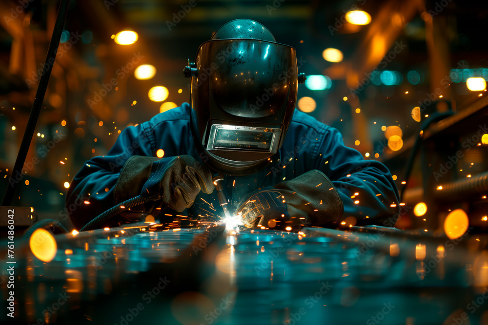 Industrial Occupation: Skilled Welder Worker Crafting Metal with Sparkling Illumination. He Operates welding tool in an industrial plant setting workspace