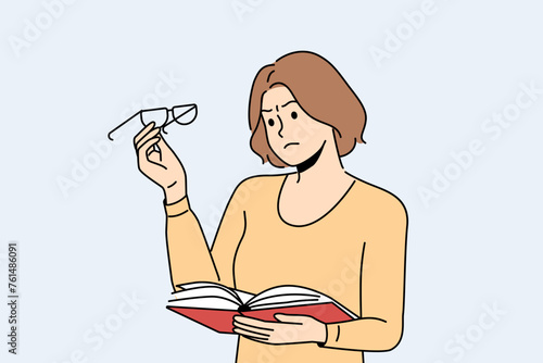 Woman experiences vision problems, reading book and looks at glasses with upset grimace. Girl with myopia or glocoma syndrome cannot see text in textbook and needs surgery to restore vision
