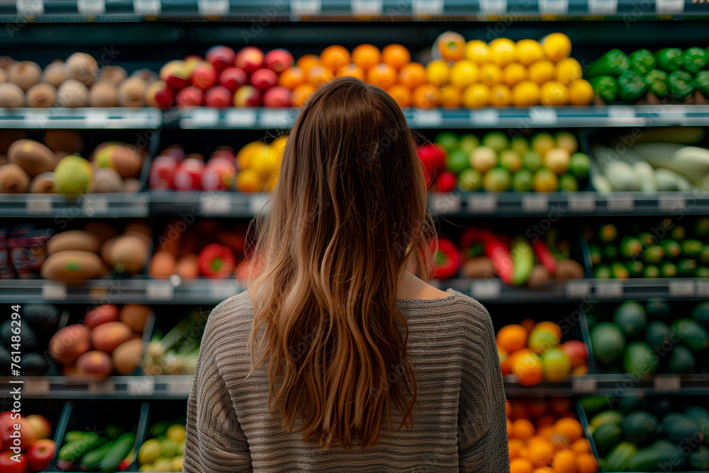 Rear view of young woman contemplates an array of colorful fruits and vegetables on a supermarket shelf. Healthy and organic food decision concept