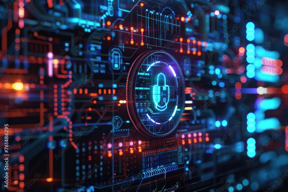 A circuit board with a lock, suitable for technology and security concepts
