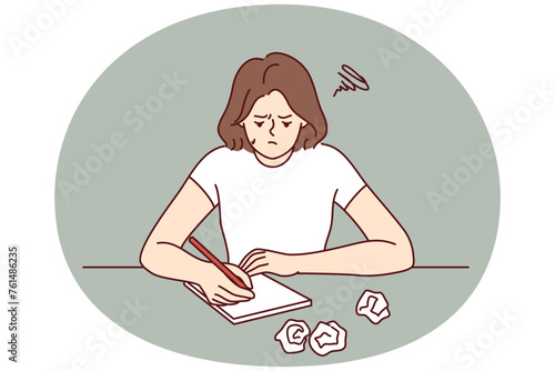 Stressed girl sitting at table with crumpled papers writes essay for university admission. Depressed woman writer composing novel lacks inspiration and ideas for fiction story. Flat vector image