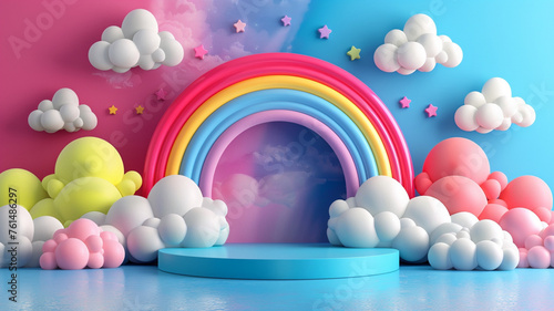 A vibrant  3D-rendered image featuring a colorful rainbow arching over fluffy clouds against a pastel background.