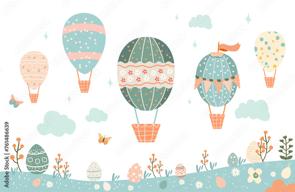 Happy Easter greeting card with eggs in air balloons shape spring holiday celebration card Happy Easter greeting card with eggs in air balloons shape spring holiday celebration card