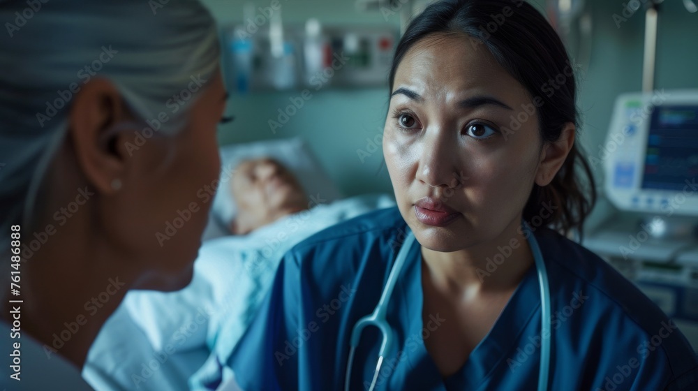 Healthcare and Wellness: A caring nurse in her mid-30s, providing medical care and support to an elderly patient in a hospital room, checking vital signs and offering reassurance Healthcare and Wellness: A caring nurse in her mid-30s, providing medical care and support to an elderly patient in a hospital room, checking vital signs and offering reassurance