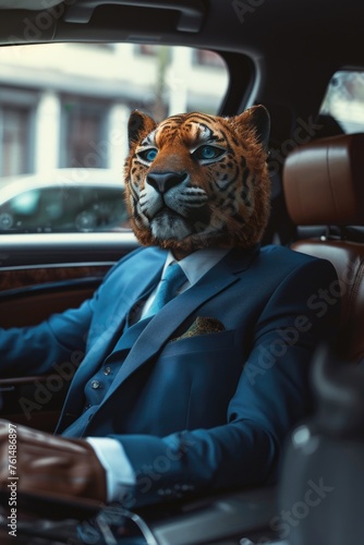 A man in a suit wearing a tiger mask sitting in a car. Suitable for concepts related to costumes and transportation