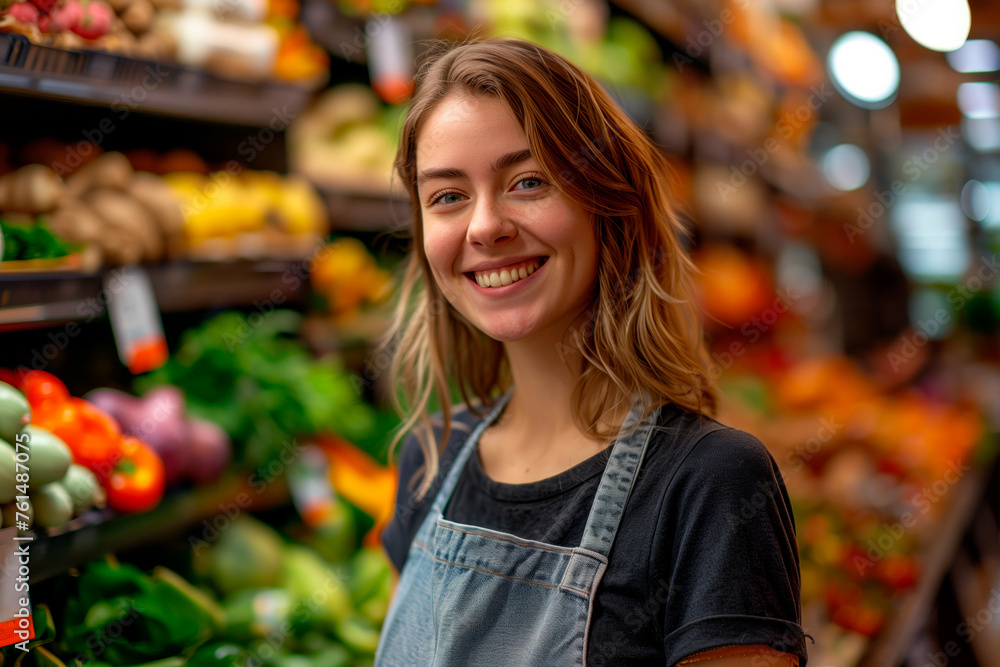 Fresh Harvest Display: Caucasian young Woman Seller Grins Happily in Vegetable supermarket, Store, Apron Adorning Her, Backdrop of Colorful Produce