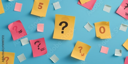 Colorful sticky notes with question marks, perfect for brainstorming sessions and problem-solving concepts