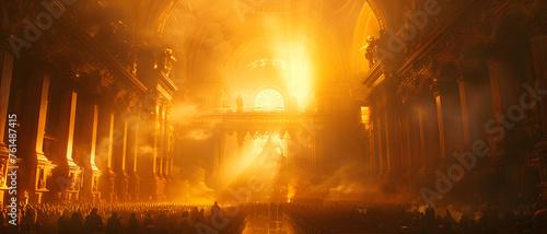 A grand cathedral with hundreds of onlookers bathed in dramatic, piercing light, possibly symbolizing revelation or divine presence