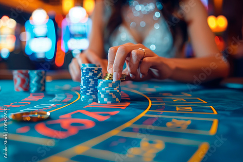 Defocused Woman's Hand Grasps Winnings at Casino Roulette Table. People, leisure, bet and entertaining concept.