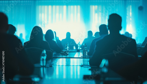 A group of people are sitting at a table in a conference room