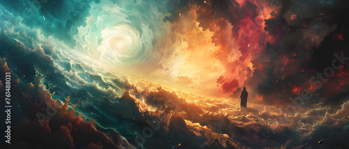 A stunning visual of a cosmic swirl of colors over tumultuous waters, suggesting an imminent transformation or revelation
