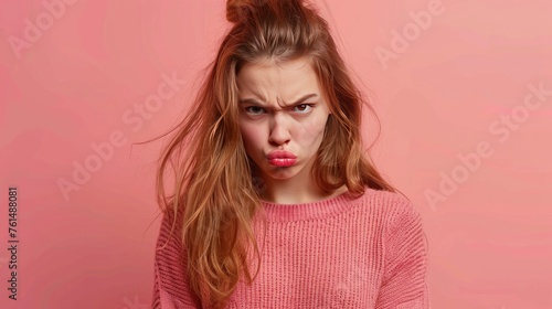 Upset dissatisfied young girl purses lips with discontent, looks directly at camera, feels unhappy, being stressed by bad attitude of groupmates or colleagues, isolated over pink background.
