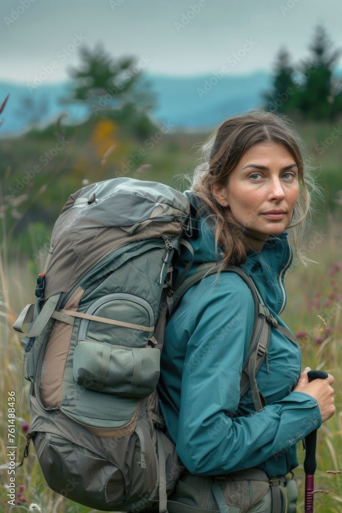 Woman standing in a field with a backpack, suitable for travel and adventure concepts Woman standing in a field with a backpack, suitable for travel and adventure concepts