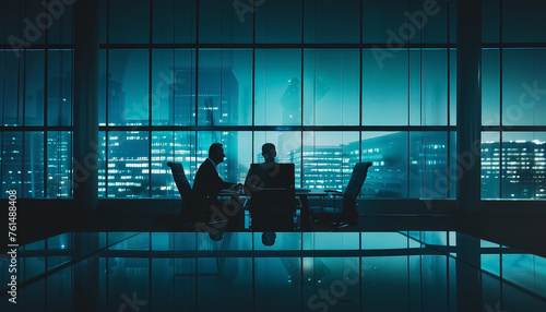 Two men are sitting at a table in a large room with a city view