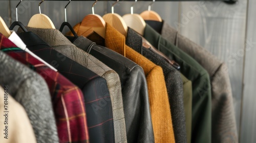 Fashionable and trendy men's clothing hanging, featuring spring-style attire on hangers. 