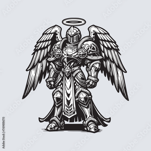 full armor paladin with wings blessing angel drawing art style black and white vector illustration