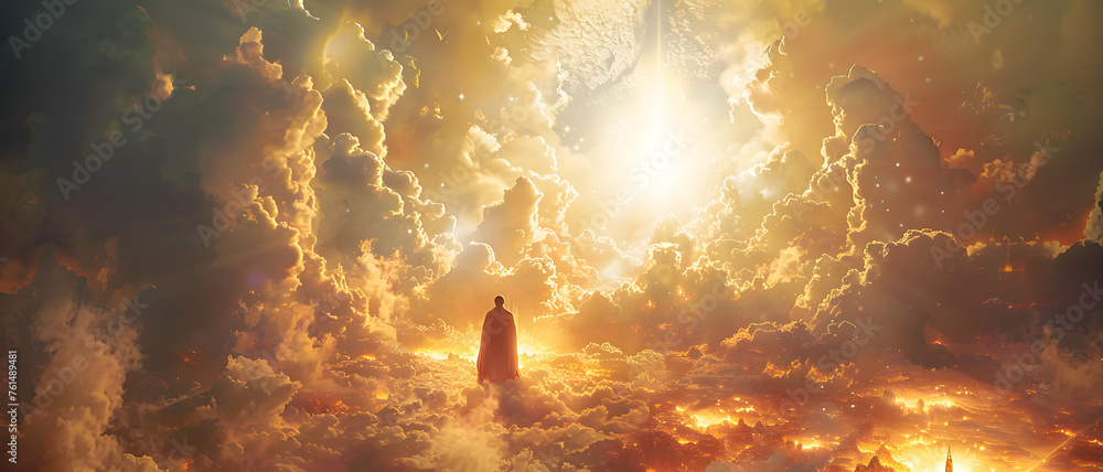 A lone figure stands engulfed by a majestic and dynamic cloudscape with intense sunlight beaming through