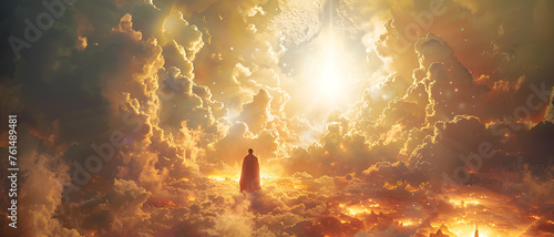 A lone figure stands engulfed by a majestic and dynamic cloudscape with intense sunlight beaming through