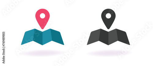 City map 3d icon vector, road paper pin pointer gps marker black white, blue red street travel guide navigation sign, pointer minimal graphic illustration web symbol modern design clip art