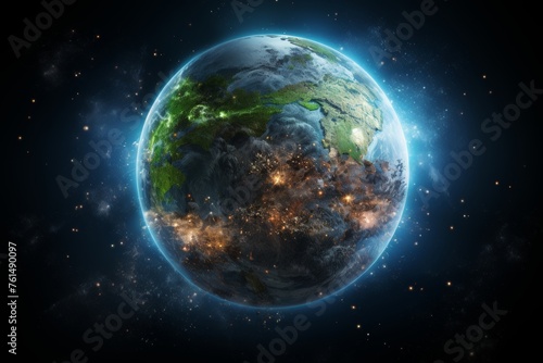 Planet Earth with green forests and blue oceans visible from space.