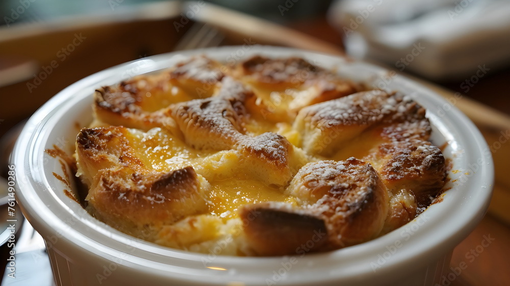 Freshly baked bread pudding in ceramic dish