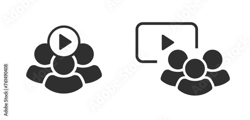 Cinema theater icon vector, watch movie video tv simple symbol graphic pictogram, people group audience spectator logo sign, presentation team screen review silhouette, webinar training class image