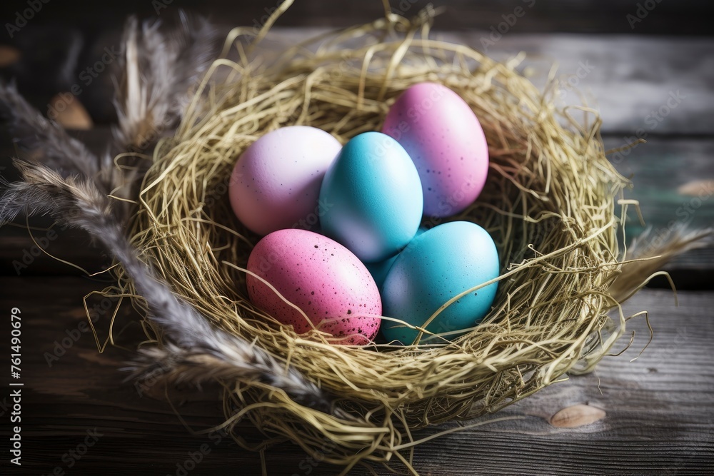 Easter eggs in nest on rustic wooden planks - generative ai Easter eggs in nest on rustic wooden planks - generative ai