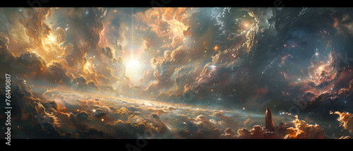 An awe-inspiring space scene depicting a vast celestial landscape with vibrant golden nebula and cosmic dust © Reiskuchen