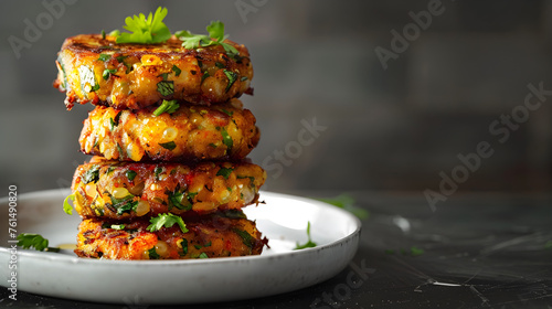 Savory corn fritters stack on plate with garnish