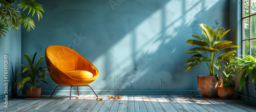interior design of room, yellow chair blu wall