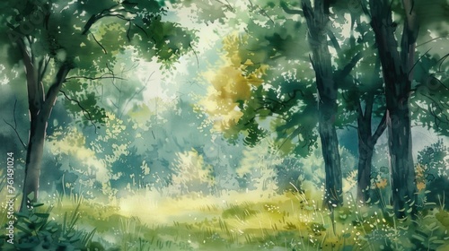 A serene watercolor painting of a forest scene. Perfect for nature lovers and art enthusiasts #761491024