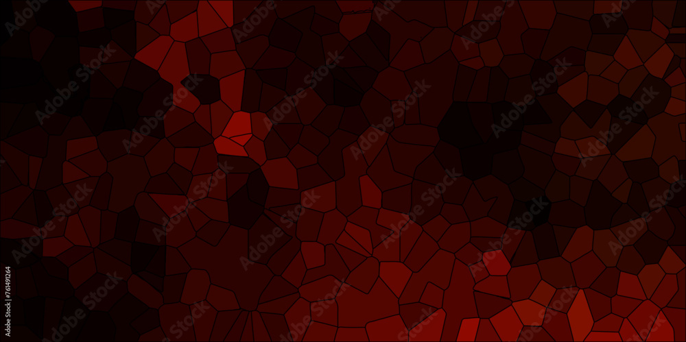 Dark red and black Broken Stained Glass Background with black lines. Voronoi diagram background. Seamless pattern with 3d shapes vector Vintage Illustration background. Geometric Retro tiles pattern - obrazy, fototapety, plakaty 