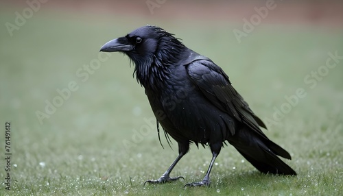 A Crow With Its Feathers Matted With Dew