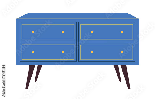 Chest of drawers. Blue wooden modern commode or dresser for home interior. Trendy storage furniture in scandinavian style for living room. Flat vector illustration isolated on a white background.