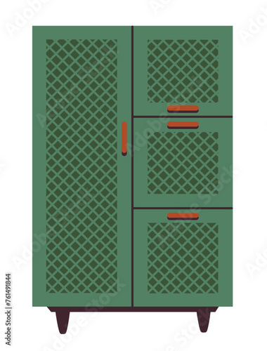 Chest of drawers. Green wooden modern commode or sideboard for home interior. Trendy storage furniture in scandinavian style for living room. Flat vector illustration isolated on a white background.