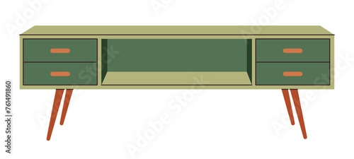 Chest of drawers. Green wooden modern commode or TV stand for home interior. Trendy storage furniture in scandinavian style for living room. Flat vector illustration isolated on a white background.